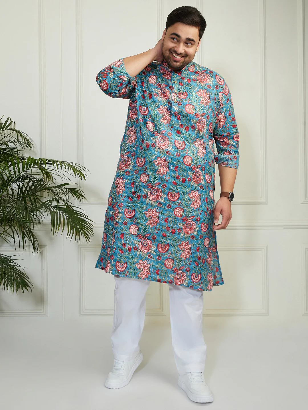 Plus Men's Aqua Cotton Kurta - Image 4