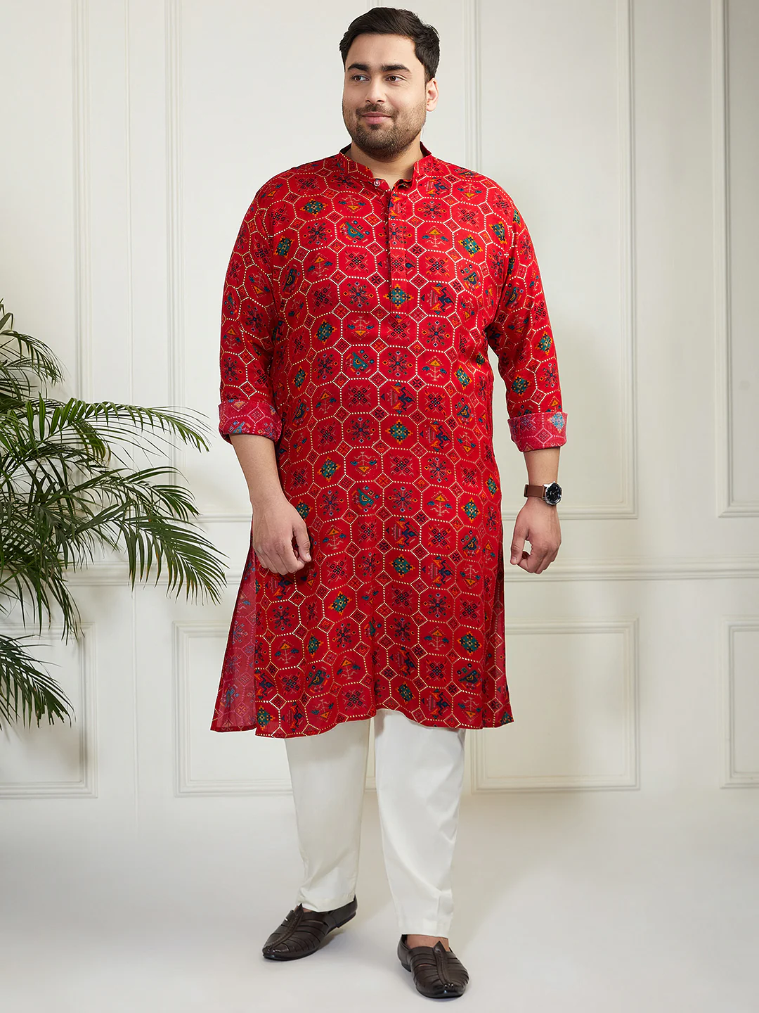 Plus Men's Blue And Cream Cotton Blend Kurta Pyjama Set - Image 2