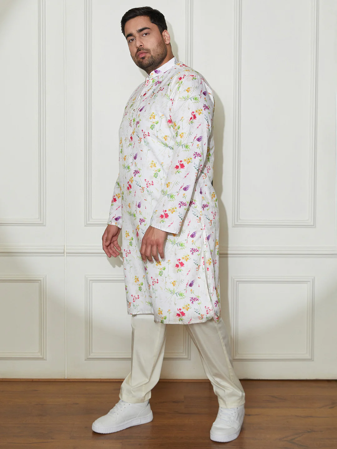 Plus Men's Cream Cotton Blend Kurta And Pyjama Set - Image 3