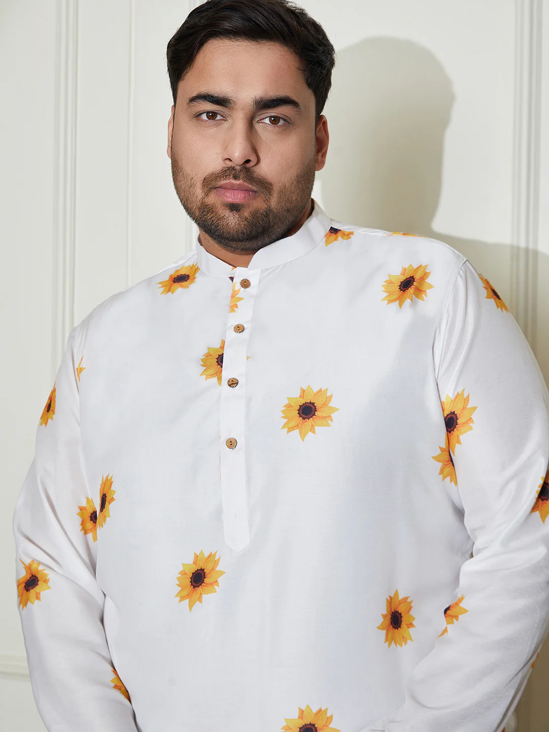 Plus Men's Cream Cotton Blend Kurta Pyjama Set - Image 2