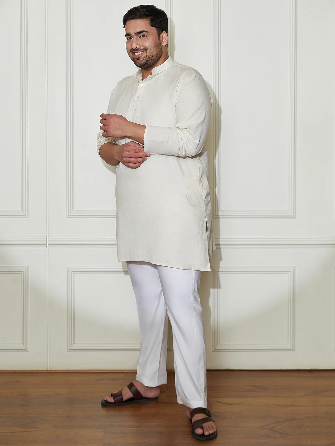 Plus Men's Cream Cotton Kurta Pyjama Set - Image 3