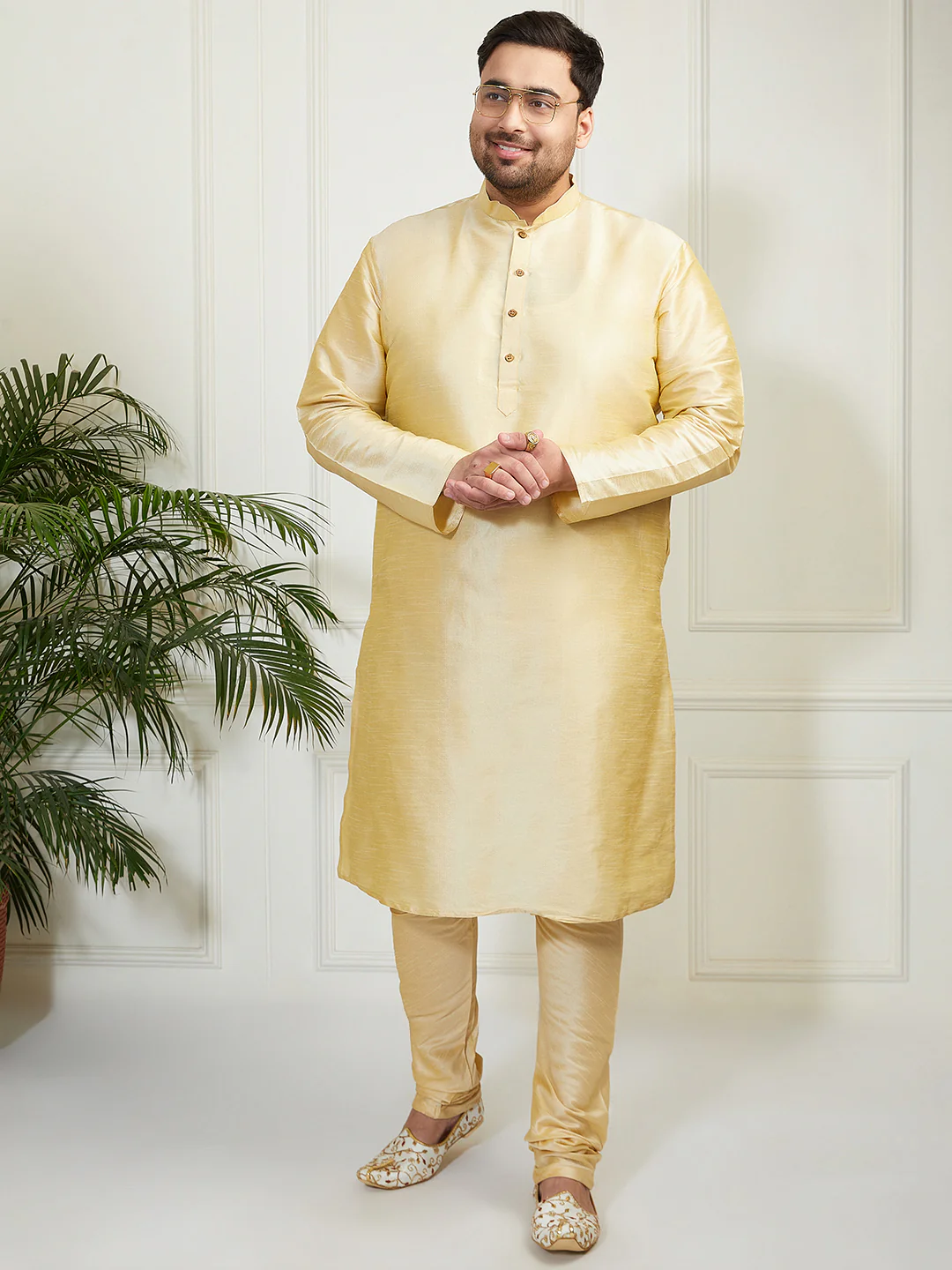 Plus Men's Gold Silk Blend Kurta - Image 3
