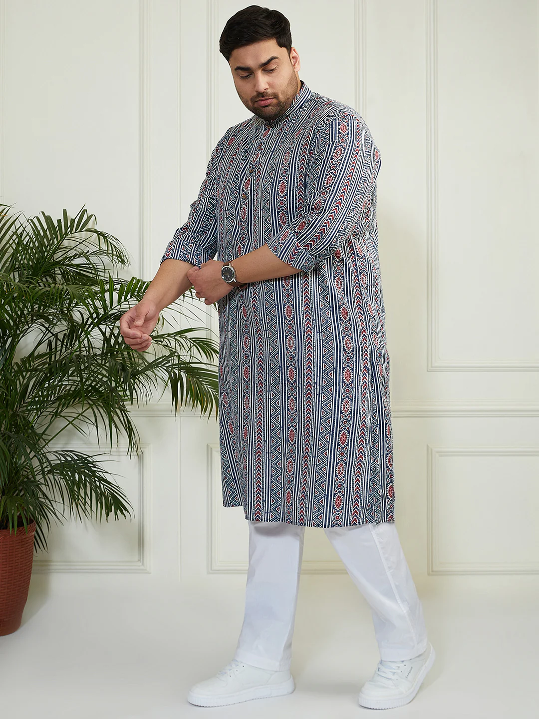 Plus Men's Indigo Blue White Cotton Kurta Pyjama Set - Image 3
