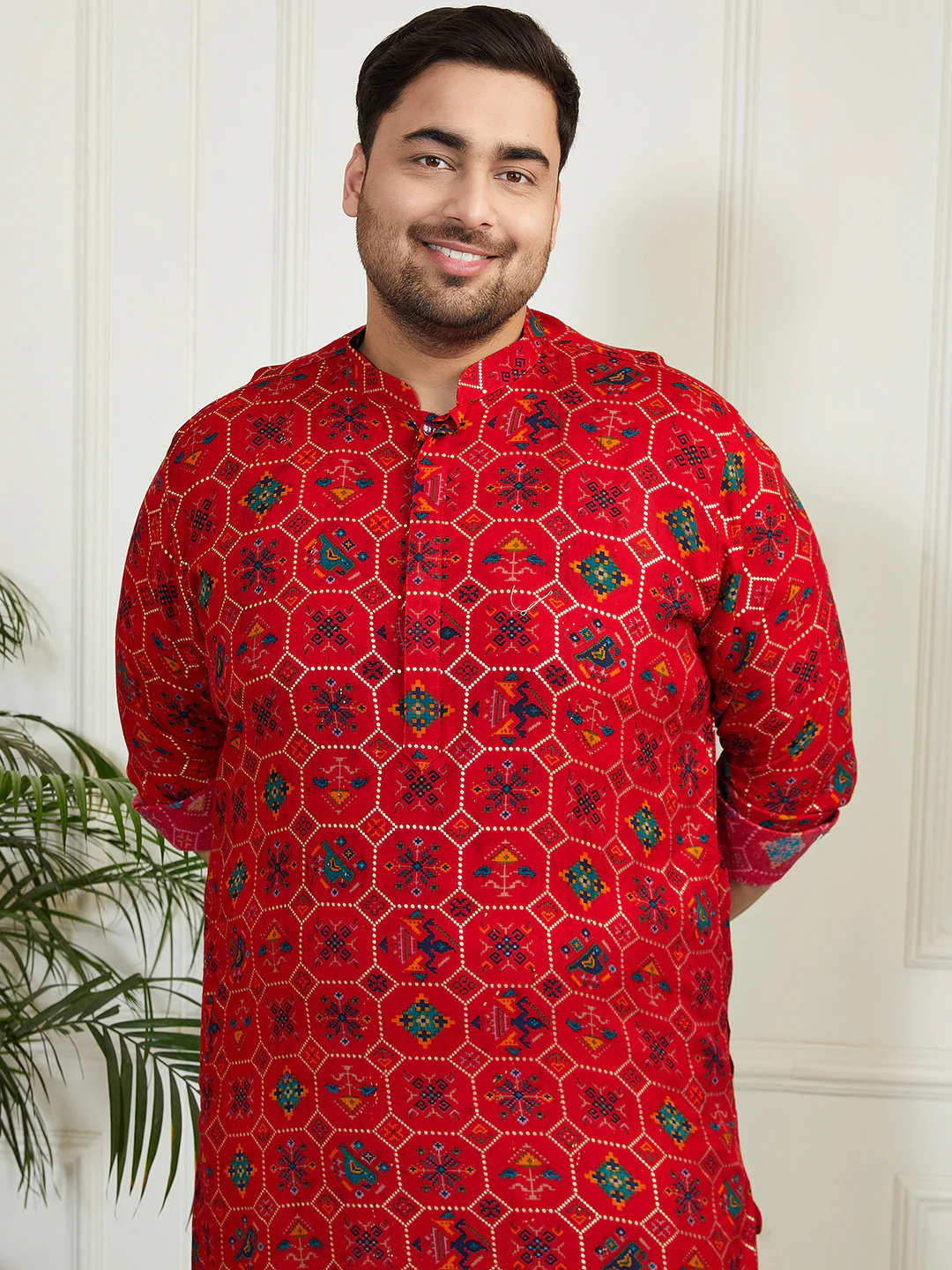 Plus Men's Red Cotton Blend Kurta - Image 4