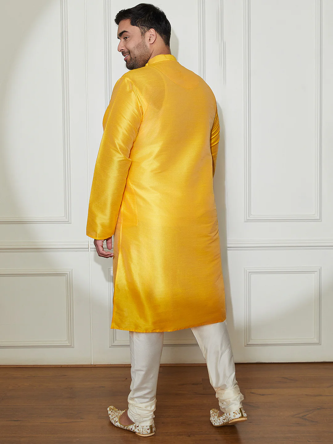 Plus Men's Yellow Silk Blend Kurta Pyjama Set - Image 2