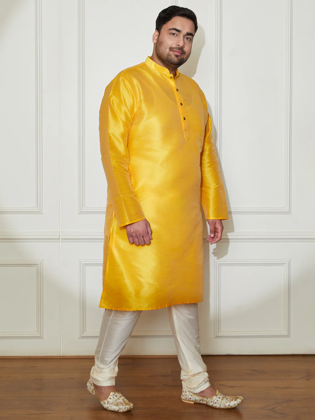 Plus Men's Yellow Silk Blend Kurta Pyjama Set - Image 3
