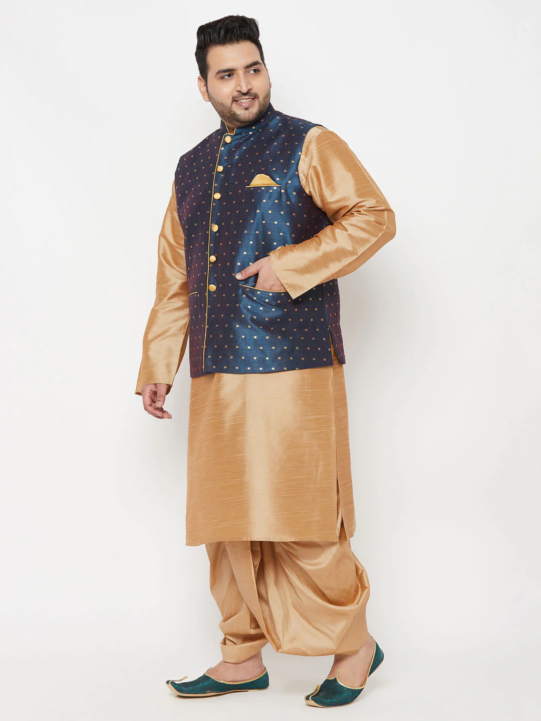 Plus Men's Blue Zari Weaved Nehru Jacket With Kurta Dhoti Set - Image 6