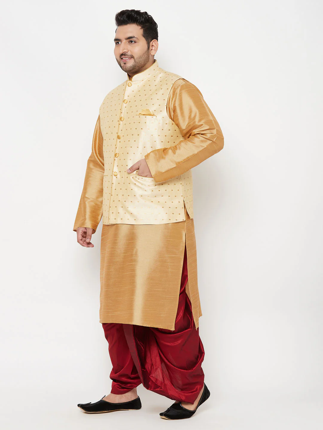 Plus Men's Gold Zari Weaved Nehru Jacket With Kurta Dhoti Set - Image 2