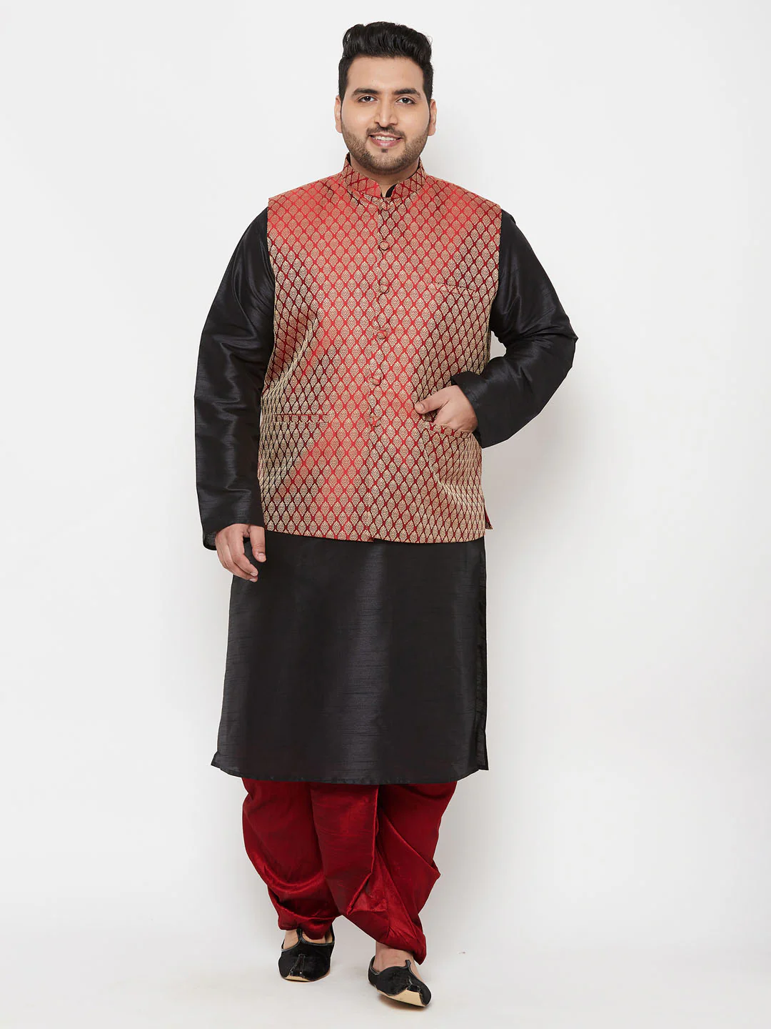 Plus Men's Maroon Nehru Jacket With Black Kurta And Maroon Dhoti Set - Image 7