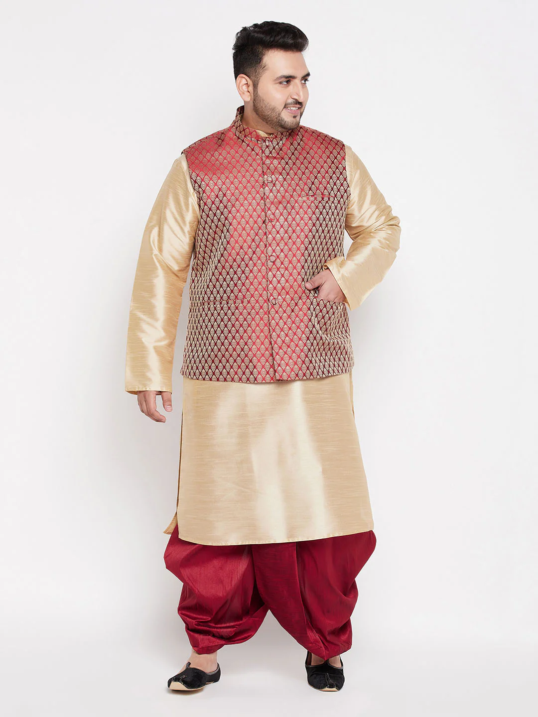Plus Men's Maroon Nehru Jacket With Gold Kurta And Maroon Dhoti Set - Image 7