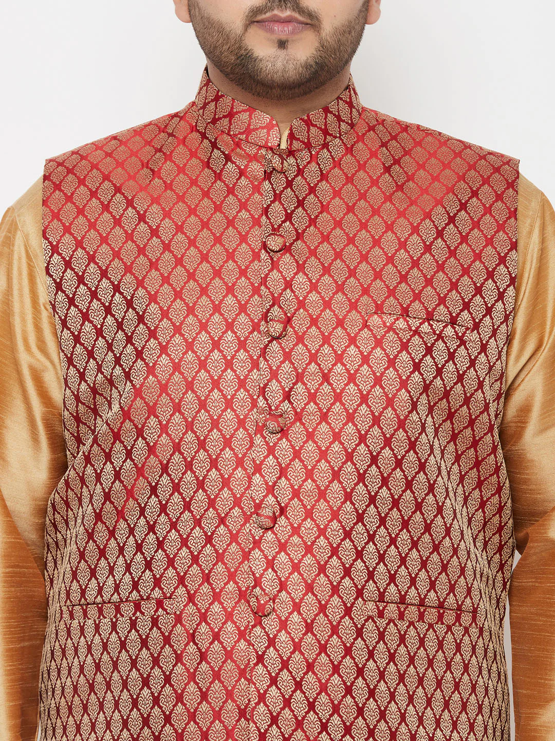 Plus Men's Maroon Nehru Jacket With Rose Gold Kurta And Maroon Dhoti Set - Image 4