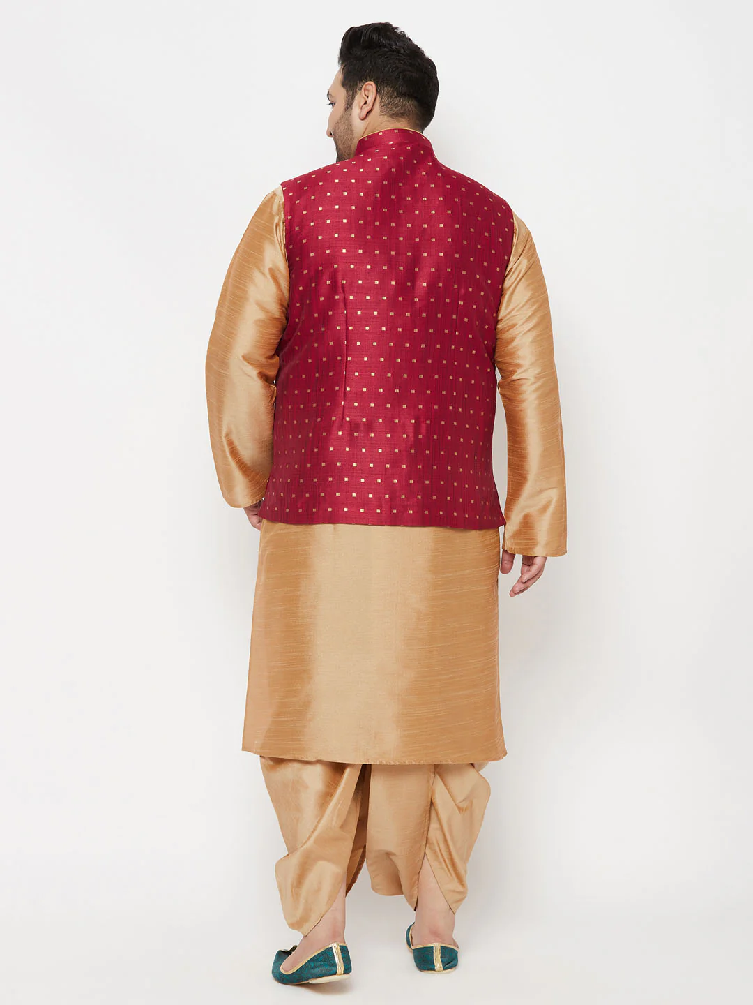 Plus Men's Maroon Zari Weaved Nehru Jacket With Kurta Dhoti Set - Image 3