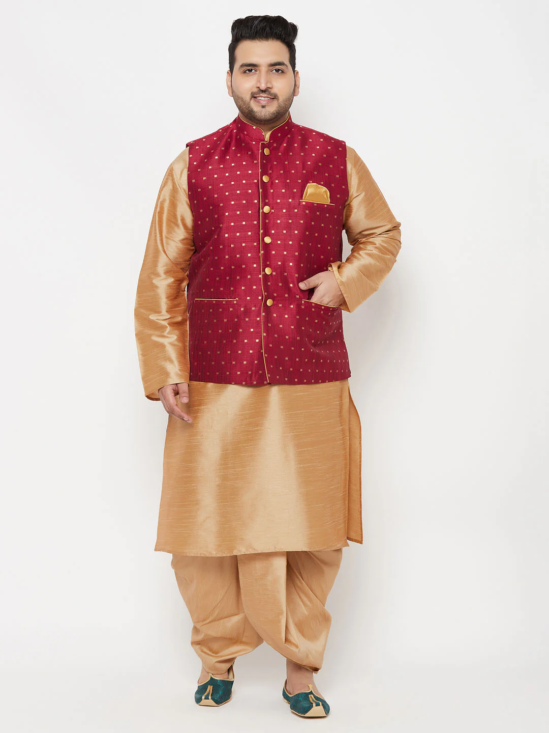 Plus Men's Maroon Zari Weaved Nehru Jacket With Kurta Dhoti Set - Image 7