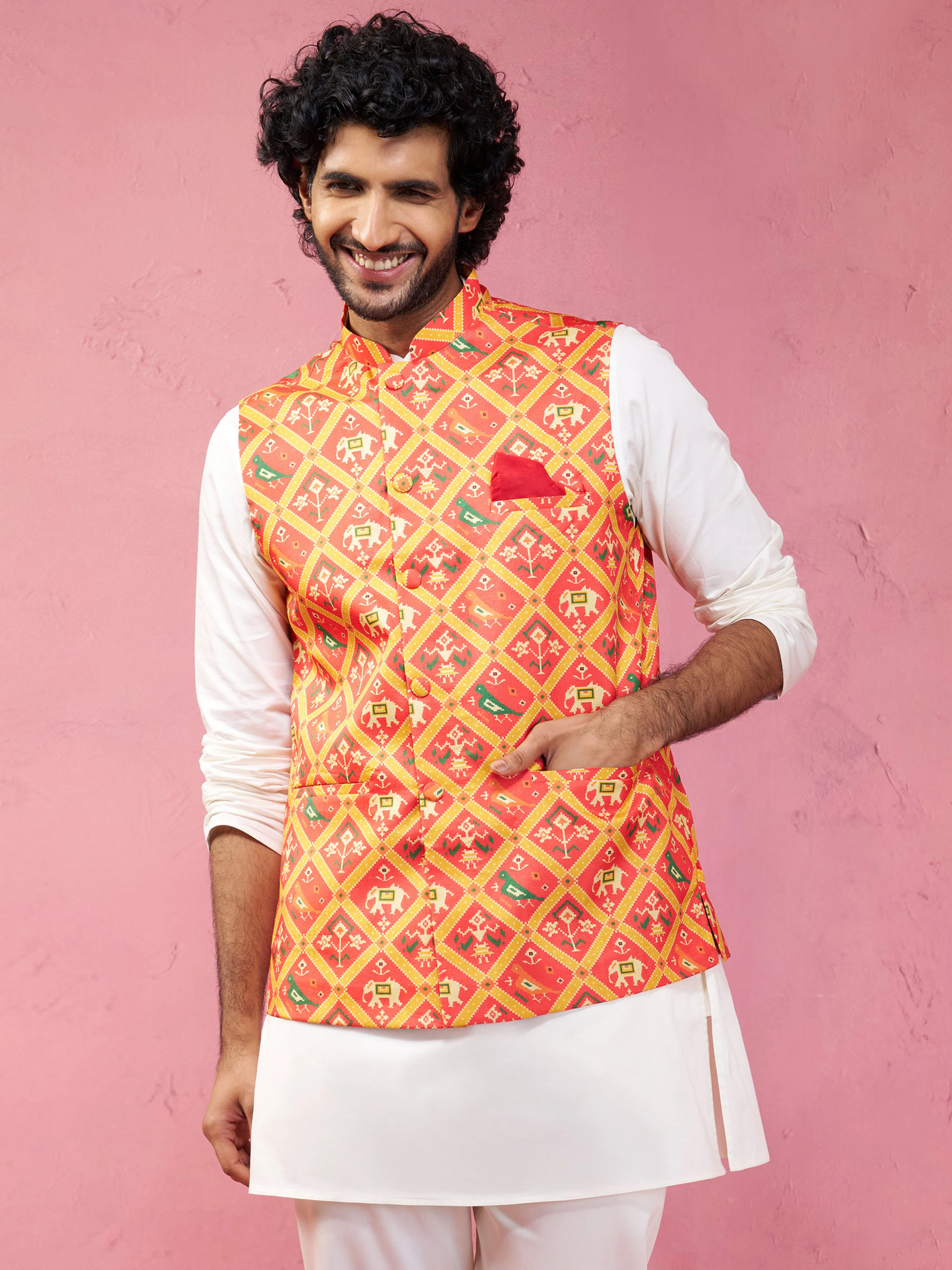 Men's Red Patola Print Nehru Jacket - Image 2