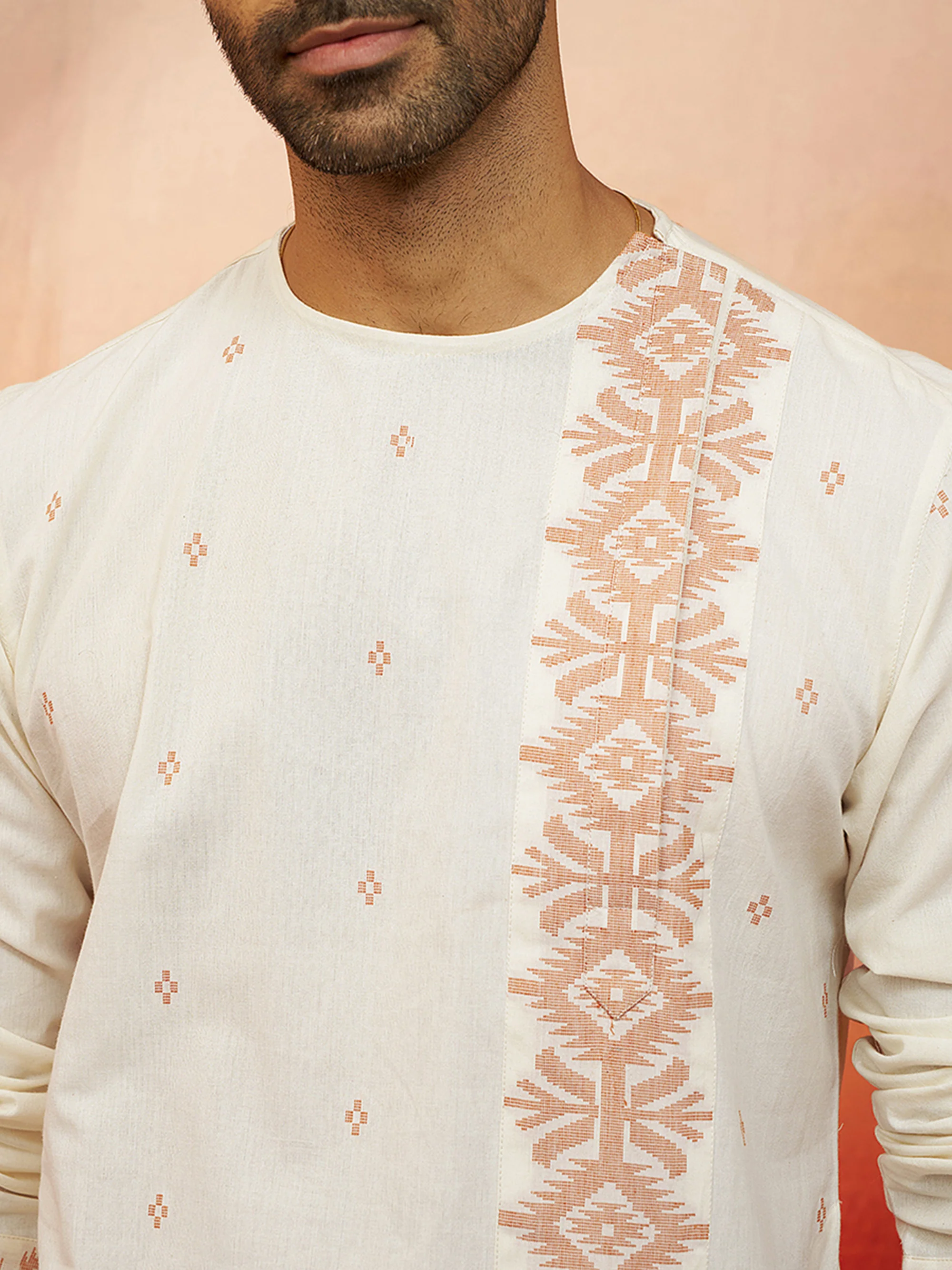 Men's White Rust Cotton Jamdani Kurta - Image 2