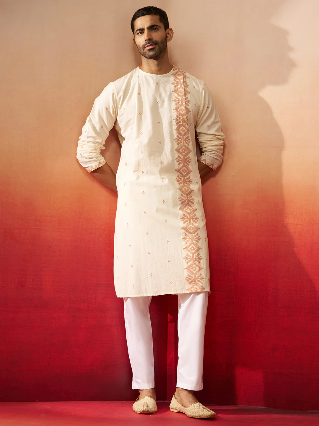 Men's White Rust Cotton Jamdani Kurta - Image 6