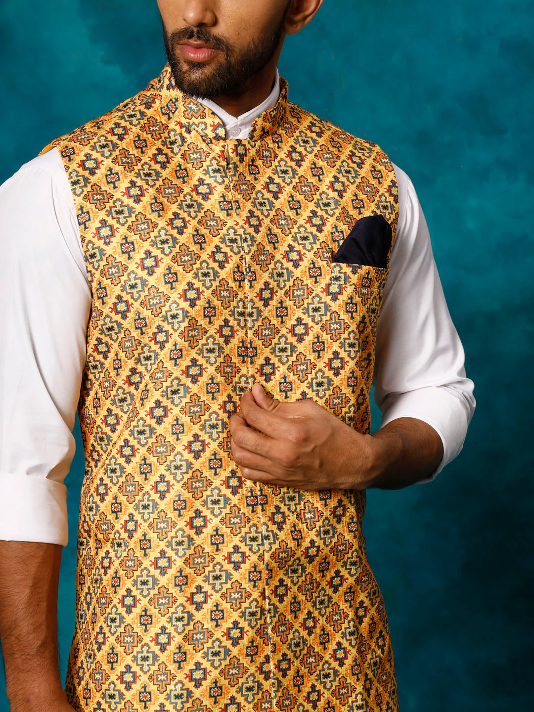 Yellow Geometric Print Embellished Nehru Jacket - Image 4