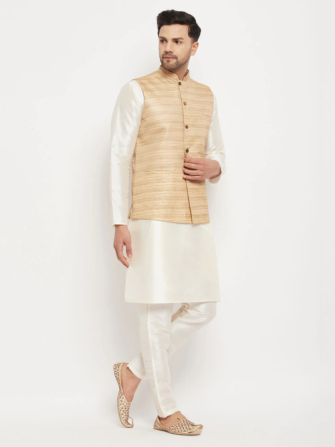 Men's Beige Matka Silk Nehru Jacket With Cream Silk Blend Kurta And Pant Style Pyjama Set - Image 2