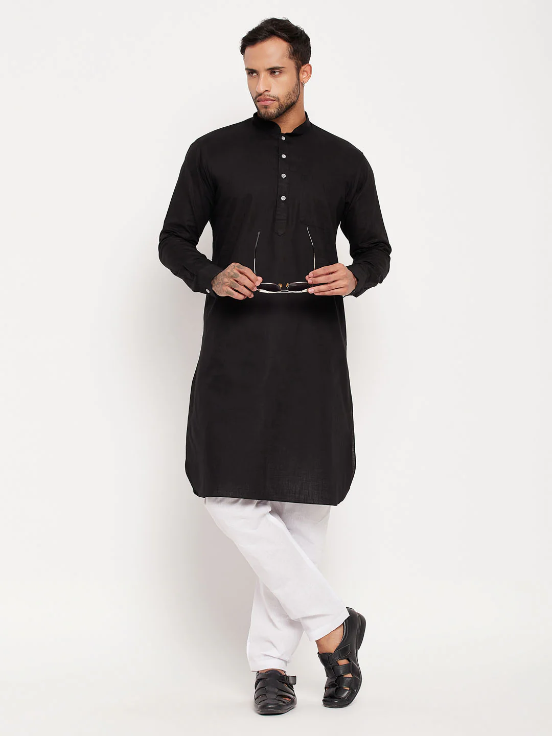 Men's Black And White Cotton Blend Pathani Suit Set