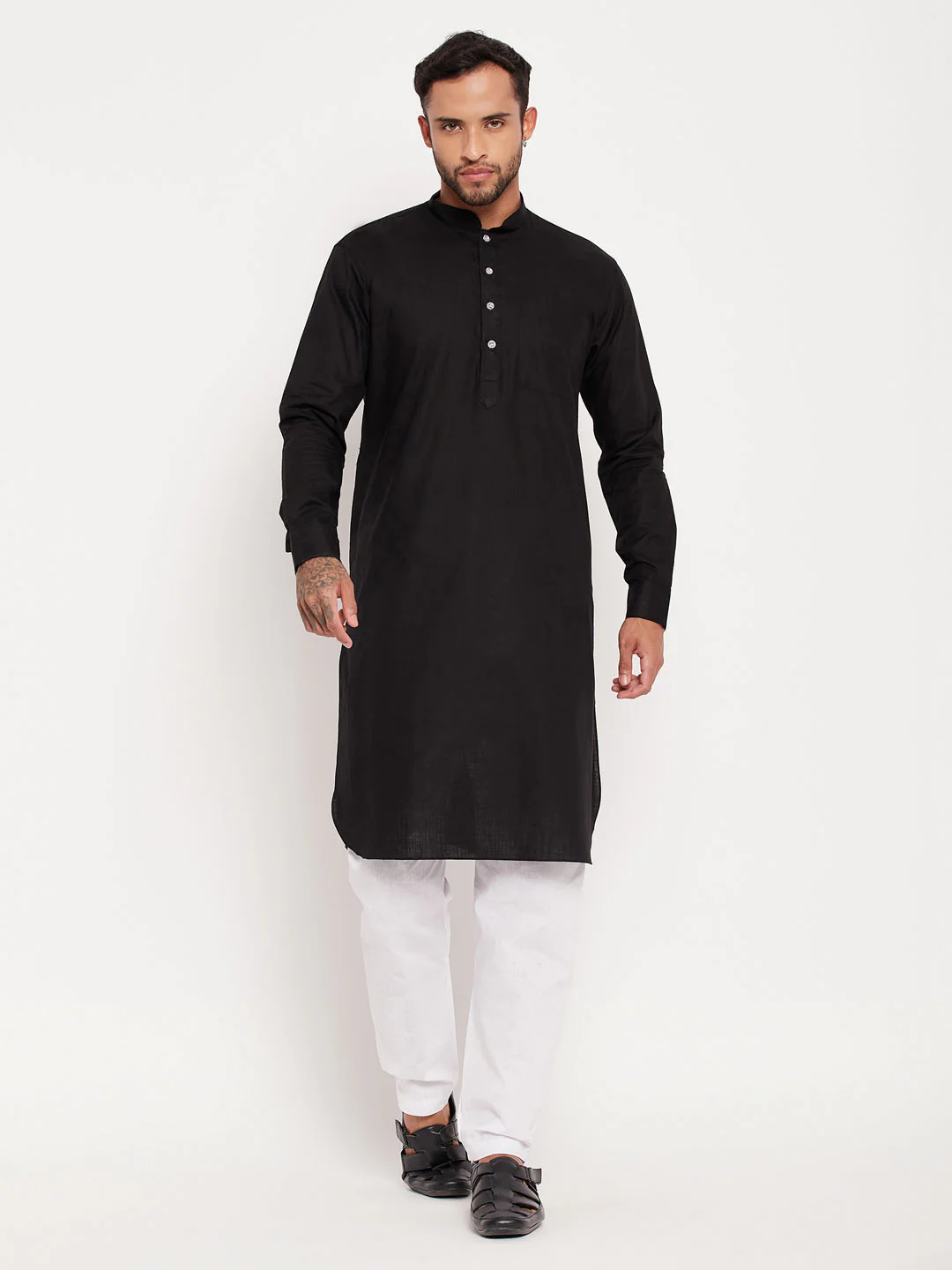 Men's Black And White Cotton Blend Pathani Suit Set - Image 6