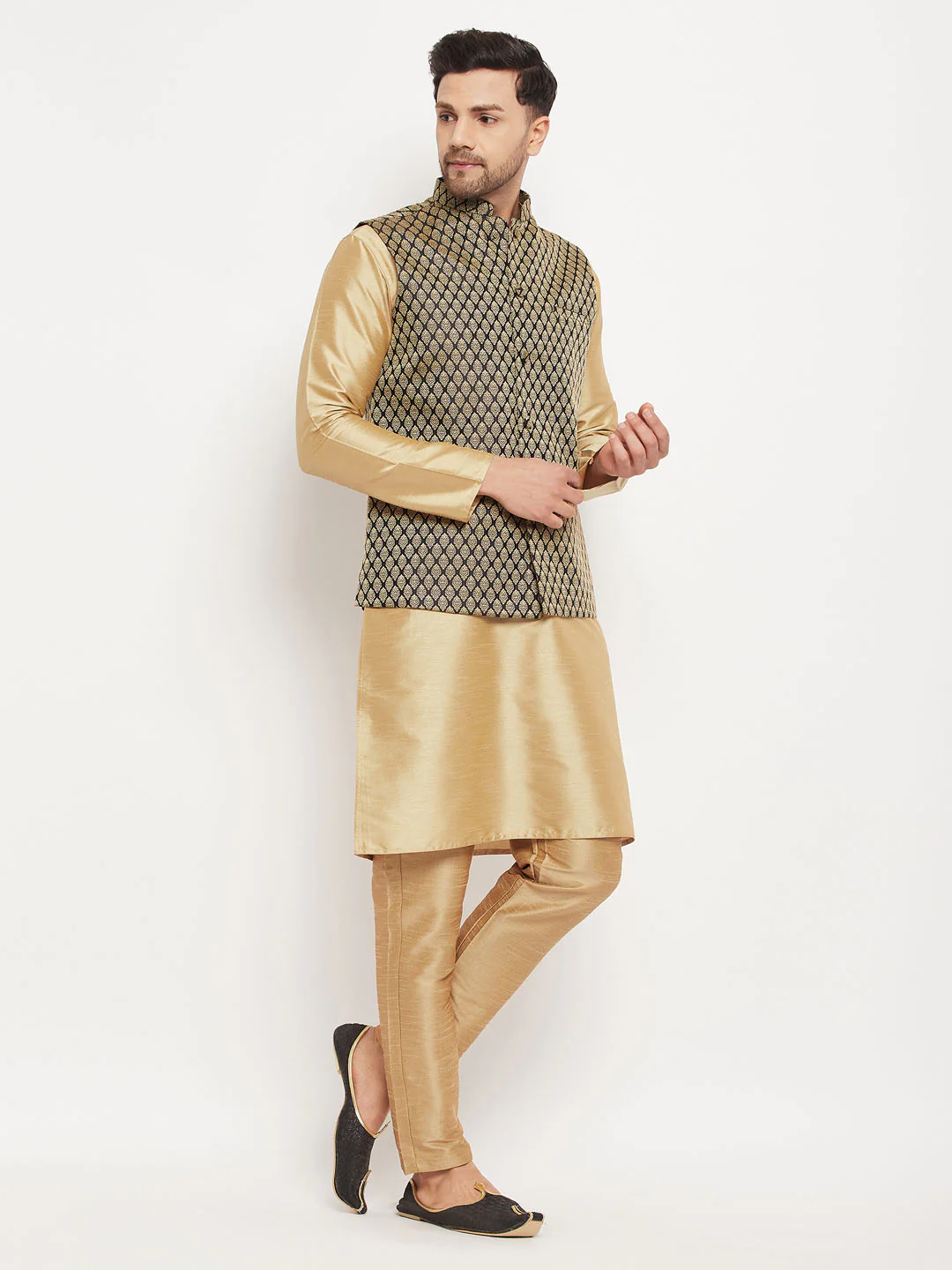 Men's Black Ethnic Jacket With Rose Gold Silk Blend Kurta And Pant Style Pyjama Set - Image 2
