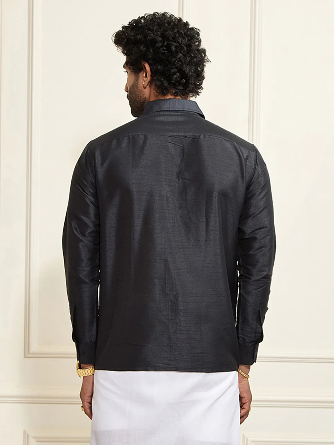 Men's Black Silk Blend Ethnic Shirt - Image 3