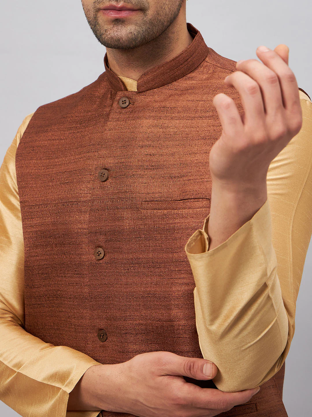 Men's Coffee Jacket With Rose Gold Kurta And Pant Set - Image 4