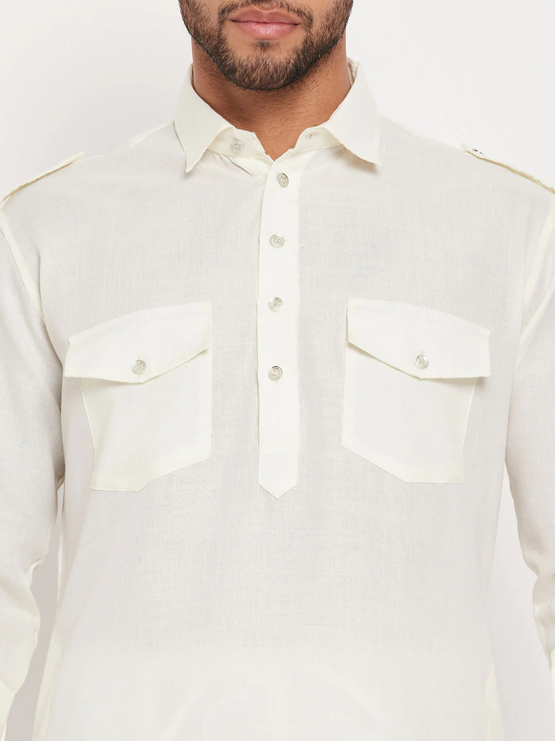 Men's Cream And White Cotton Blend Pathani Suit Set - Image 5