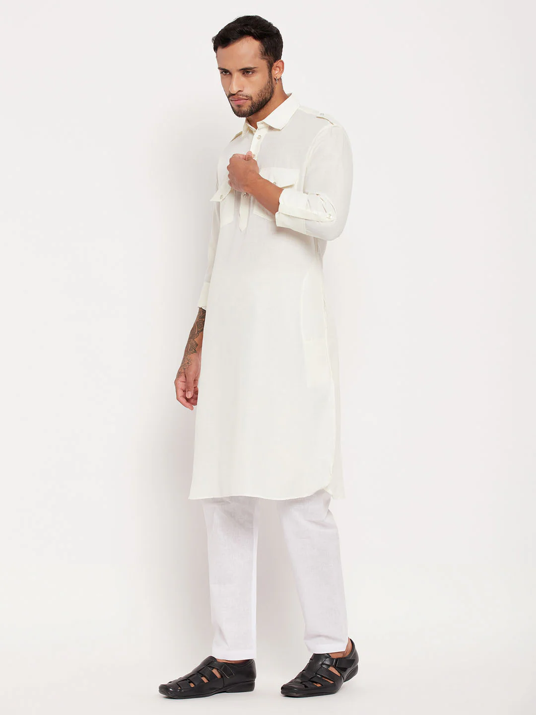 Men's Cream And White Cotton Blend Pathani Suit Set - Image 7