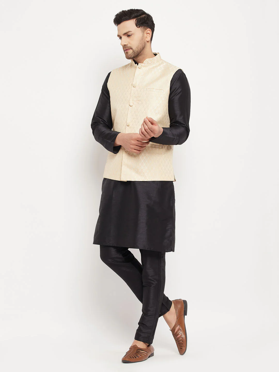 Men's Cream Silk Blend Jacket With Kurta Pant Set - Image 6