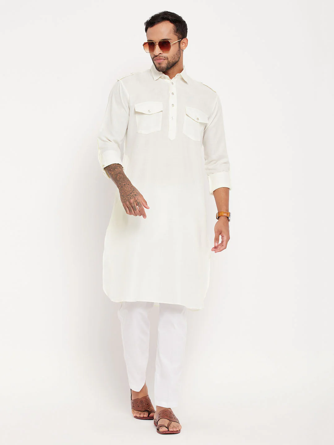 Men's Cream Pathani Suit With White Pant Set - Image 4