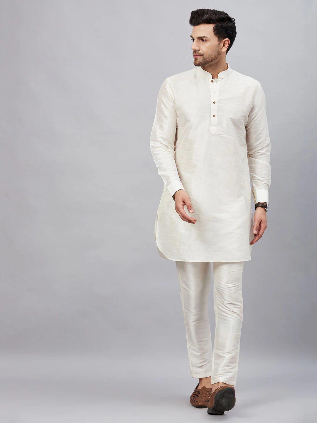 Men's Cream Silk Blend Curved Kurta Pant Set - Image 8