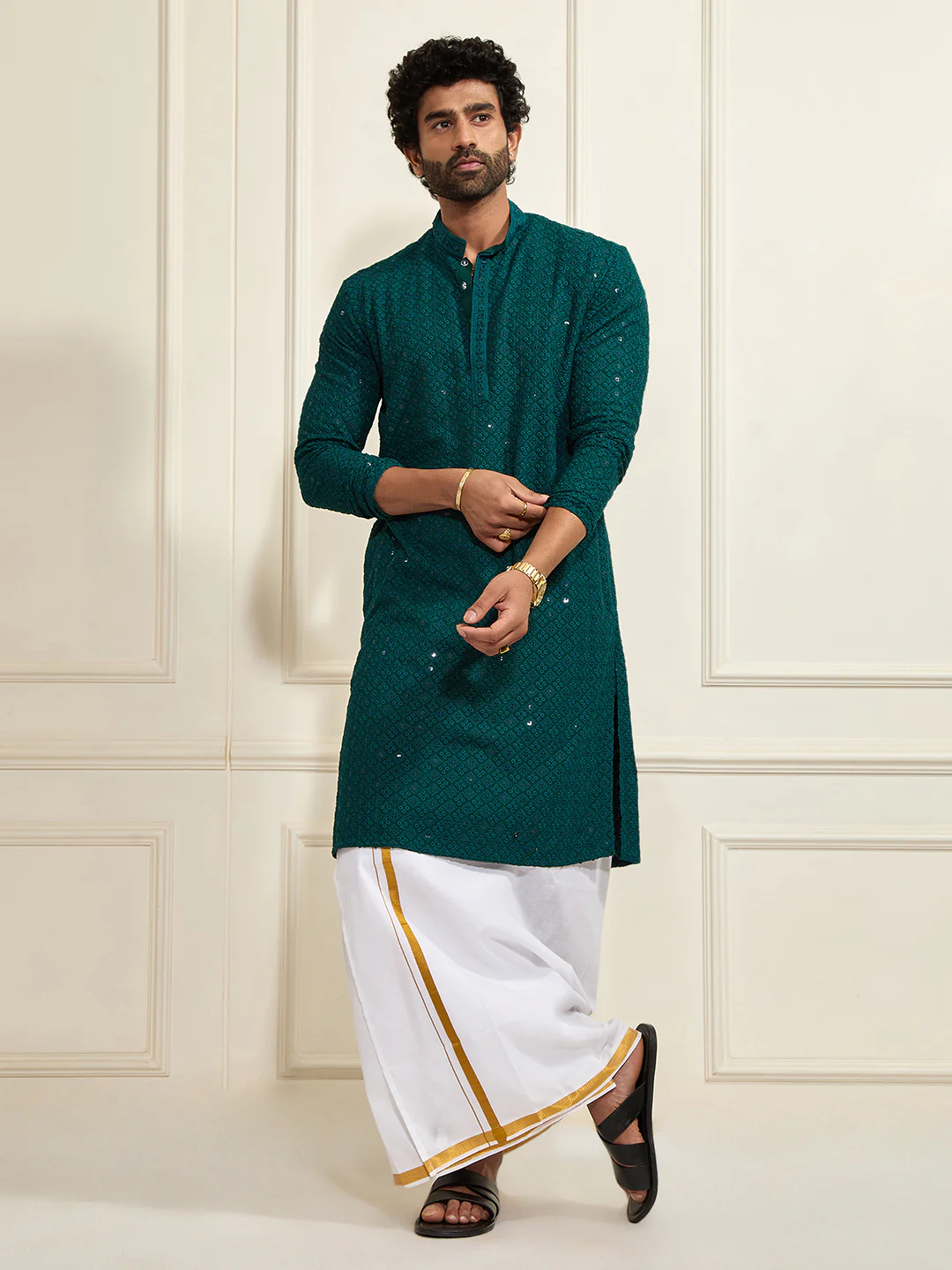 Men's Green Rayon Schiffli Kurta - Image 6