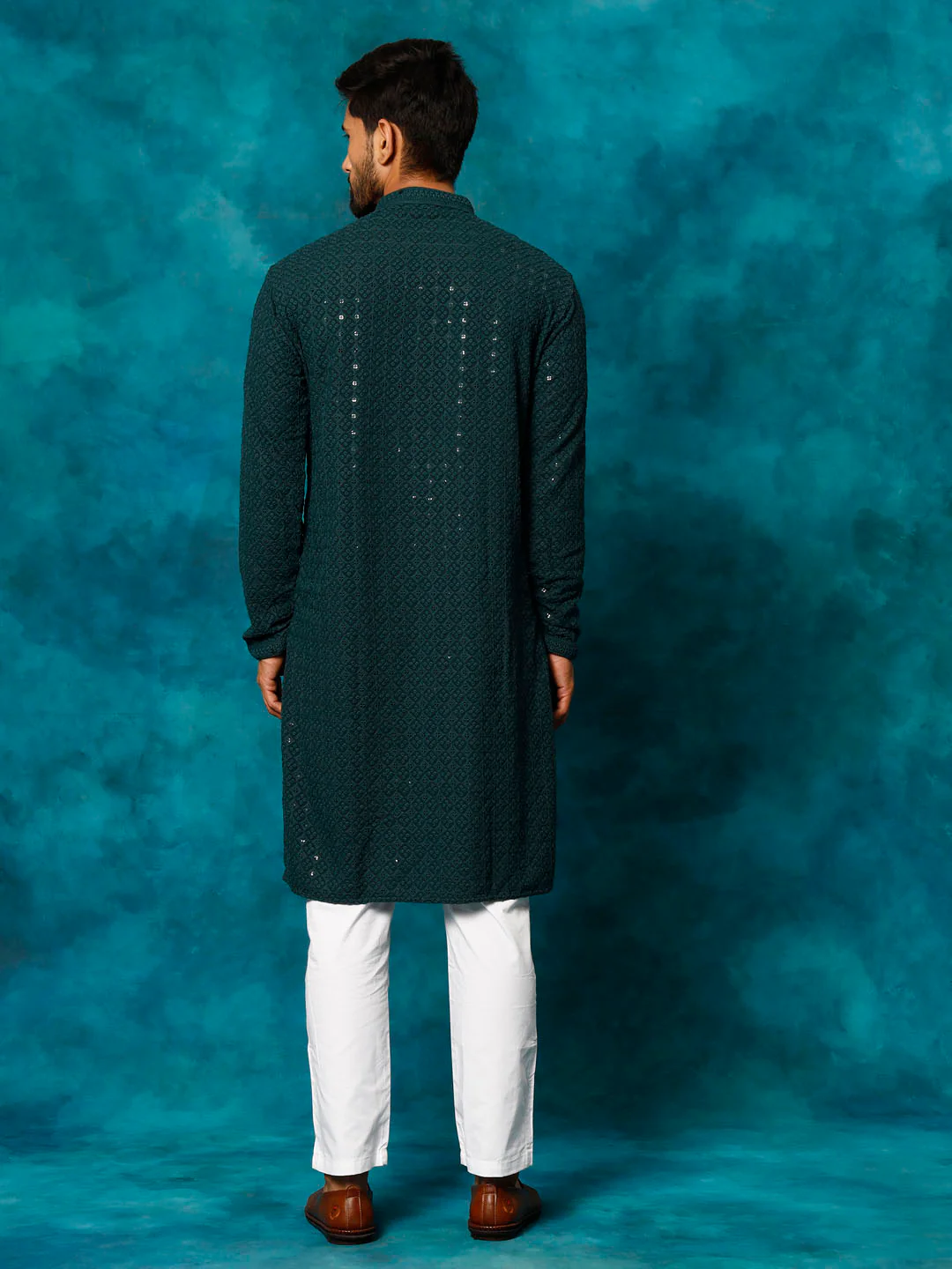 Men's Green Rayon Schiffli Kurta And Pant Set - Image 3