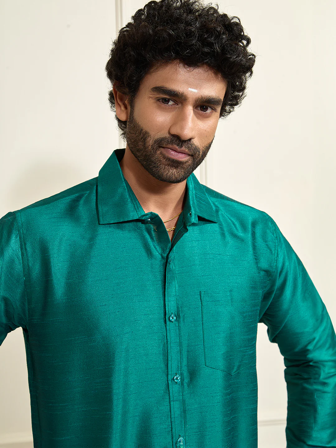 Men's Green Silk Blend Ethnic Shirt - Image 6