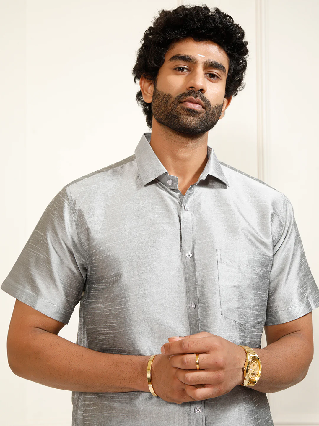 Men's Grey Silk Blend Ethnic Shirt - Image 5