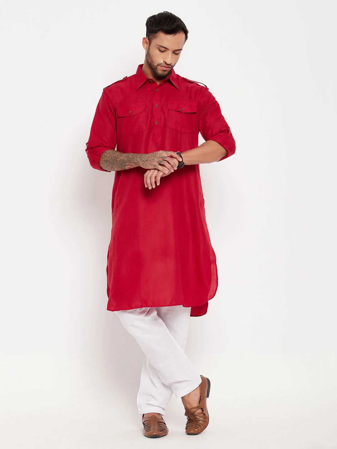 Men's Maroon And White Cotton Blend Pathani Suit Set - Image 7