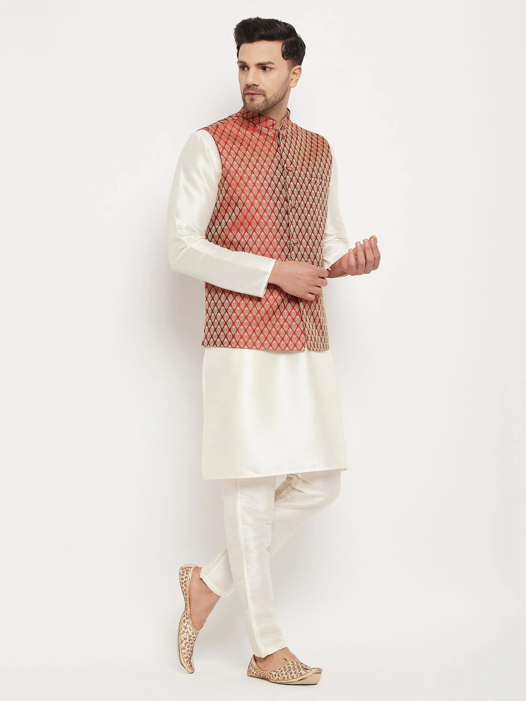 Men's Maroon Silk Blend Jacket With Kurta Pant Set - Image 7