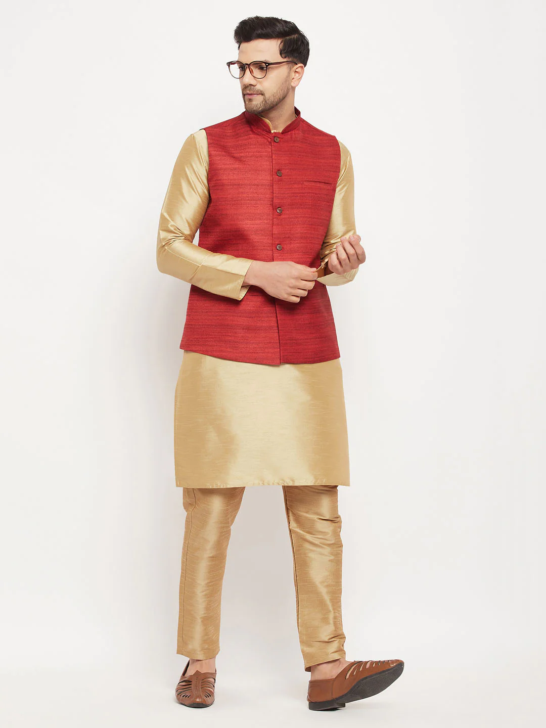 Men's Maroon Matka Silk Nehru Jacket With Rose Gold Silk Blend Kurta And Pant Style Pyjama Set - Image 7
