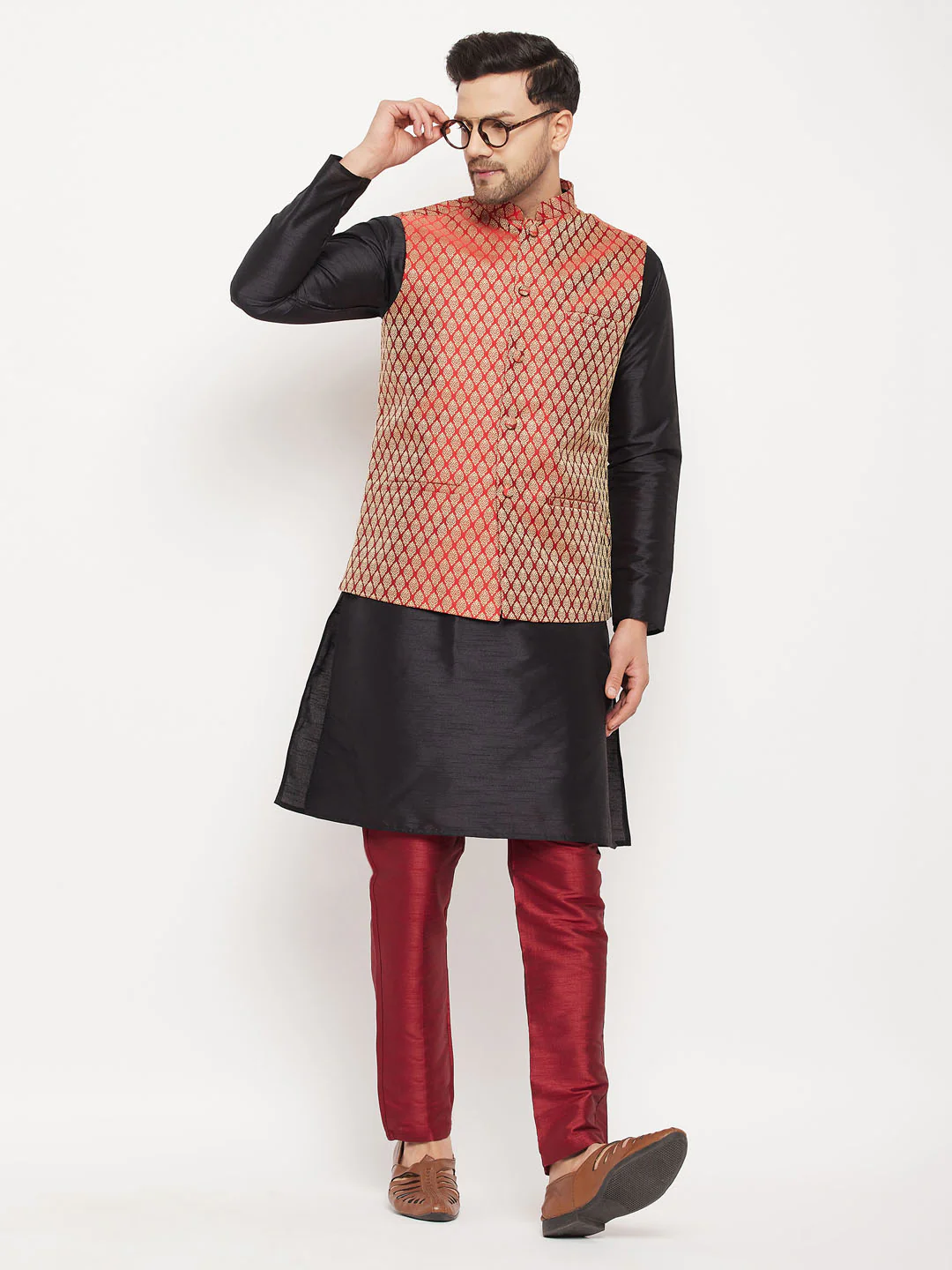 Men's Maroon Silk Blend Ethnic Jacket, Black Kurta And Maroon Pant Style Pyjama Set