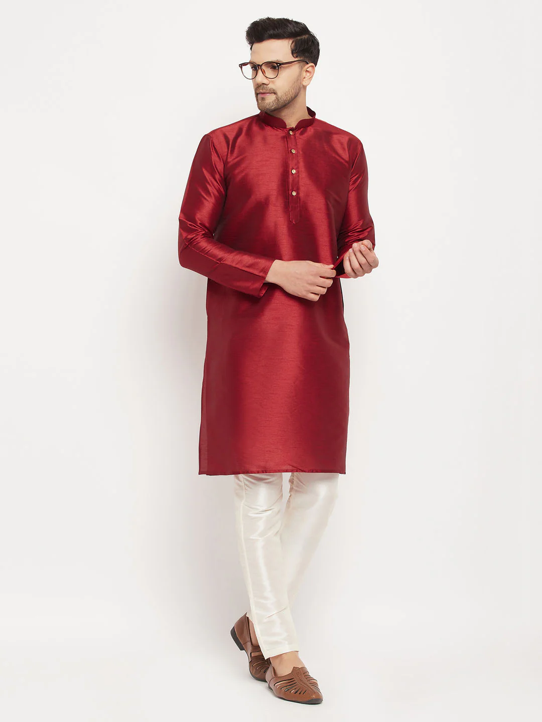 Men's Maroon Silk Blend Kurta And Cream Pant Style Pyjama Set - Image 7