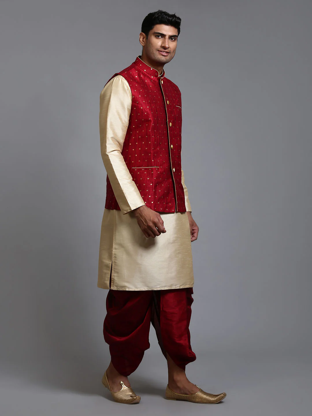 Men's Maroon Zari Weaved Jacket With Kurta Dhoti Set - Image 6