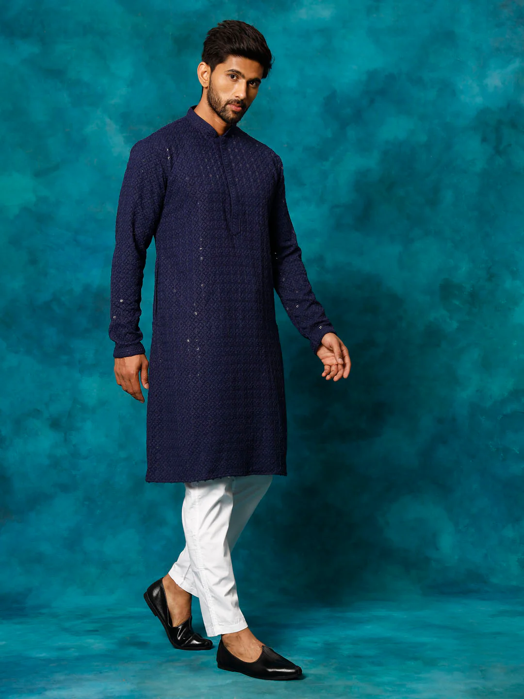 Men's Navy Blue Rayon Schiffli Kurta And Pant Set - Image 6