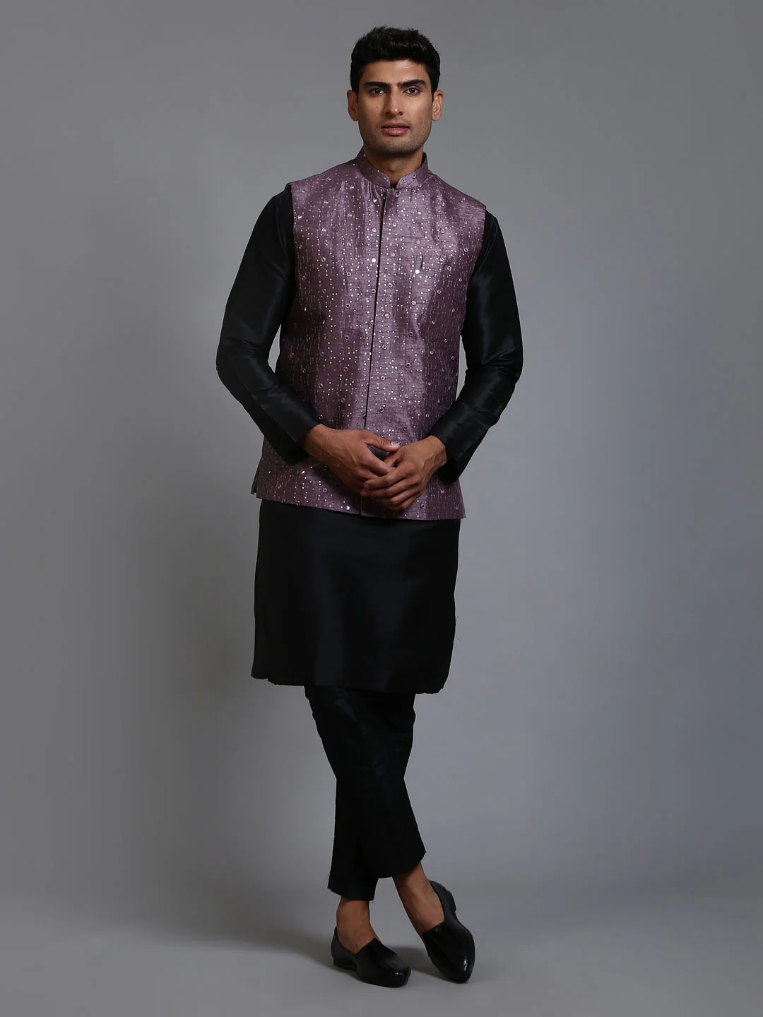 Men's Purple Embellished Jacket With Black Kurta Pant Set - Image 7