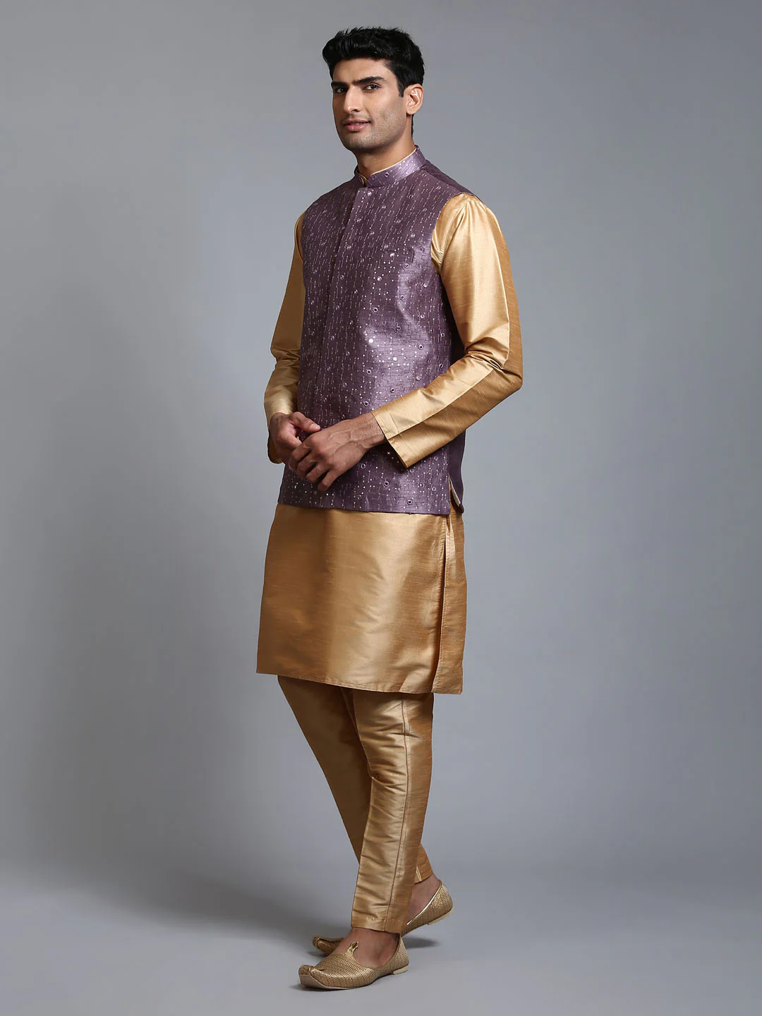 Men's Purple Embellished Jacket With Rose Gold Kurta Pant Set - Image 7