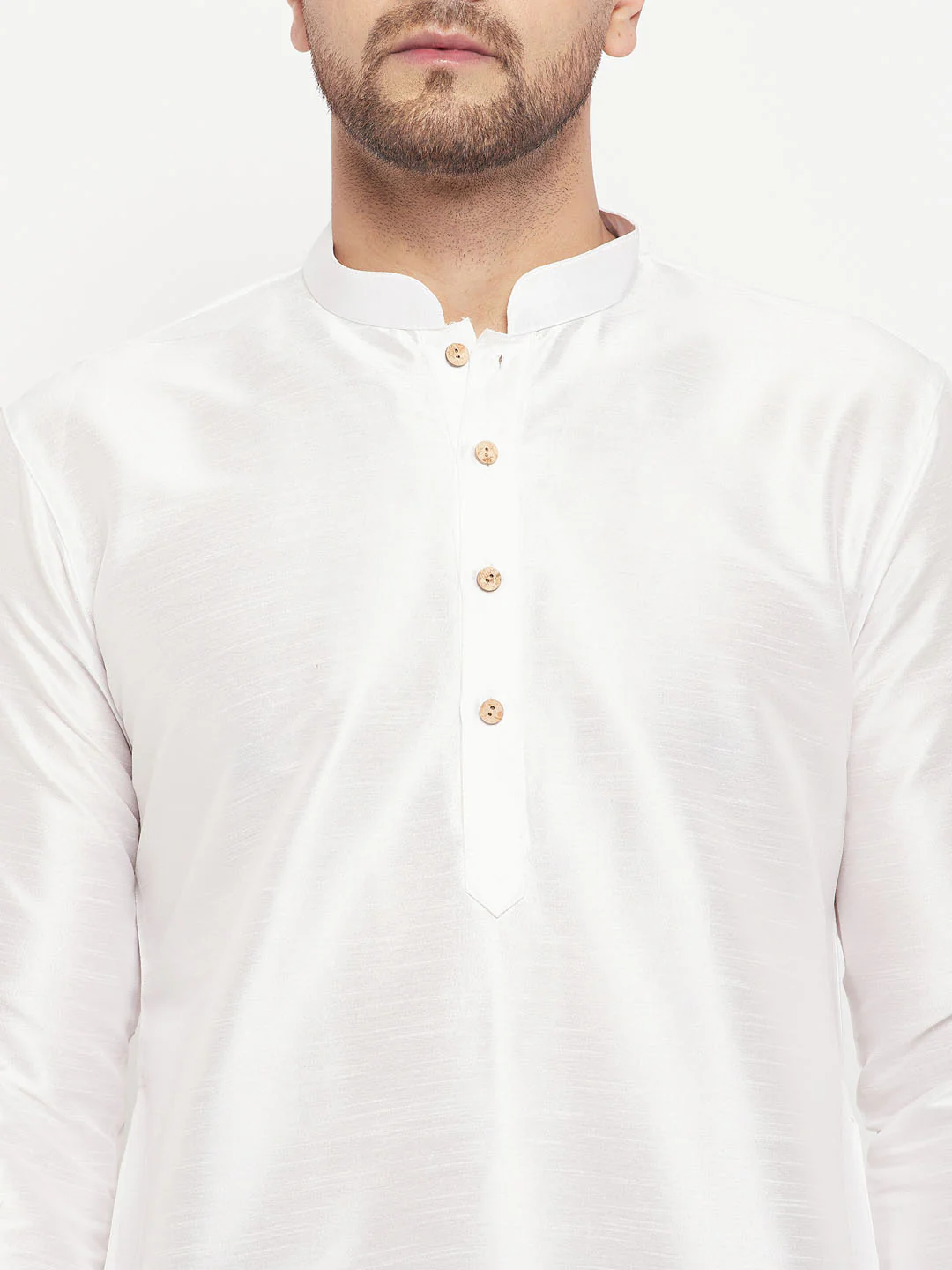 Men's White Cotton Silk Blend Kurta And Black Pant Style Pyjama Set - Image 4