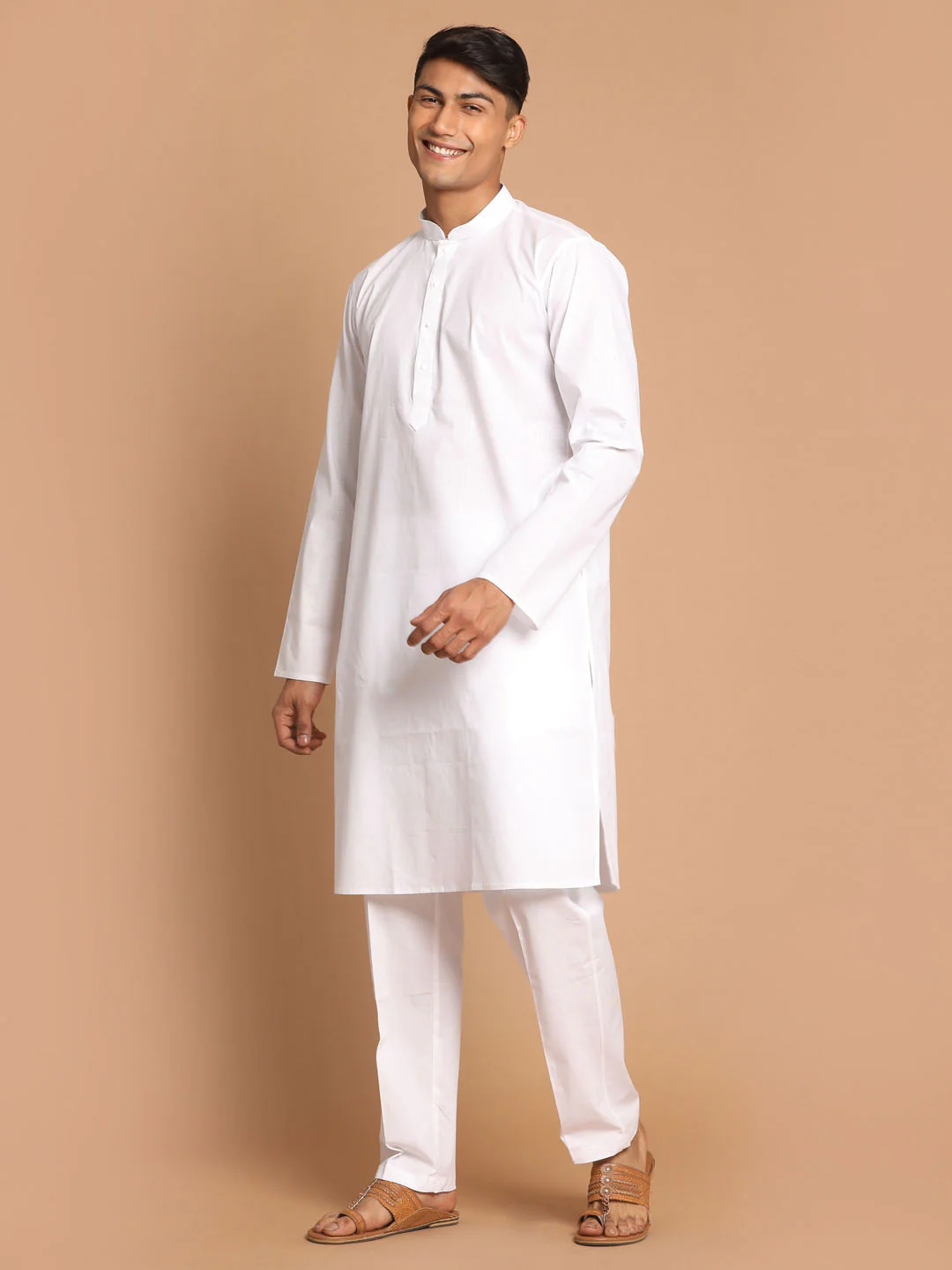 Men's White Kurta And Pant Style Cotton Pajama Set - Image 2