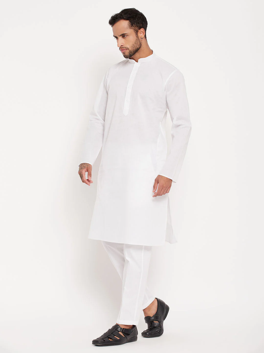 Men's White Kurta And Pant Style Pajama Set - Image 6
