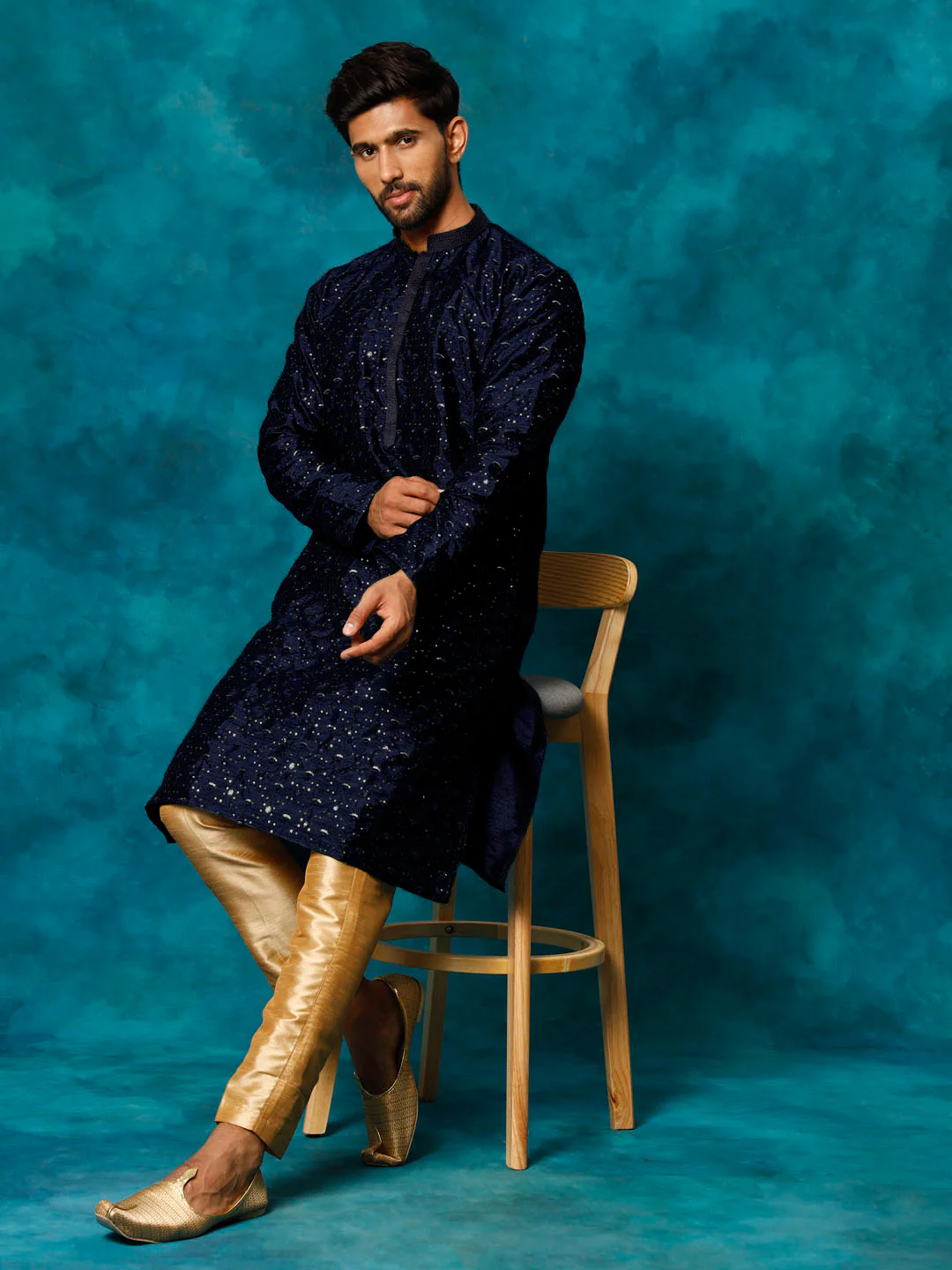 Men's Blue Silk Blend Kurta Pyjama Set