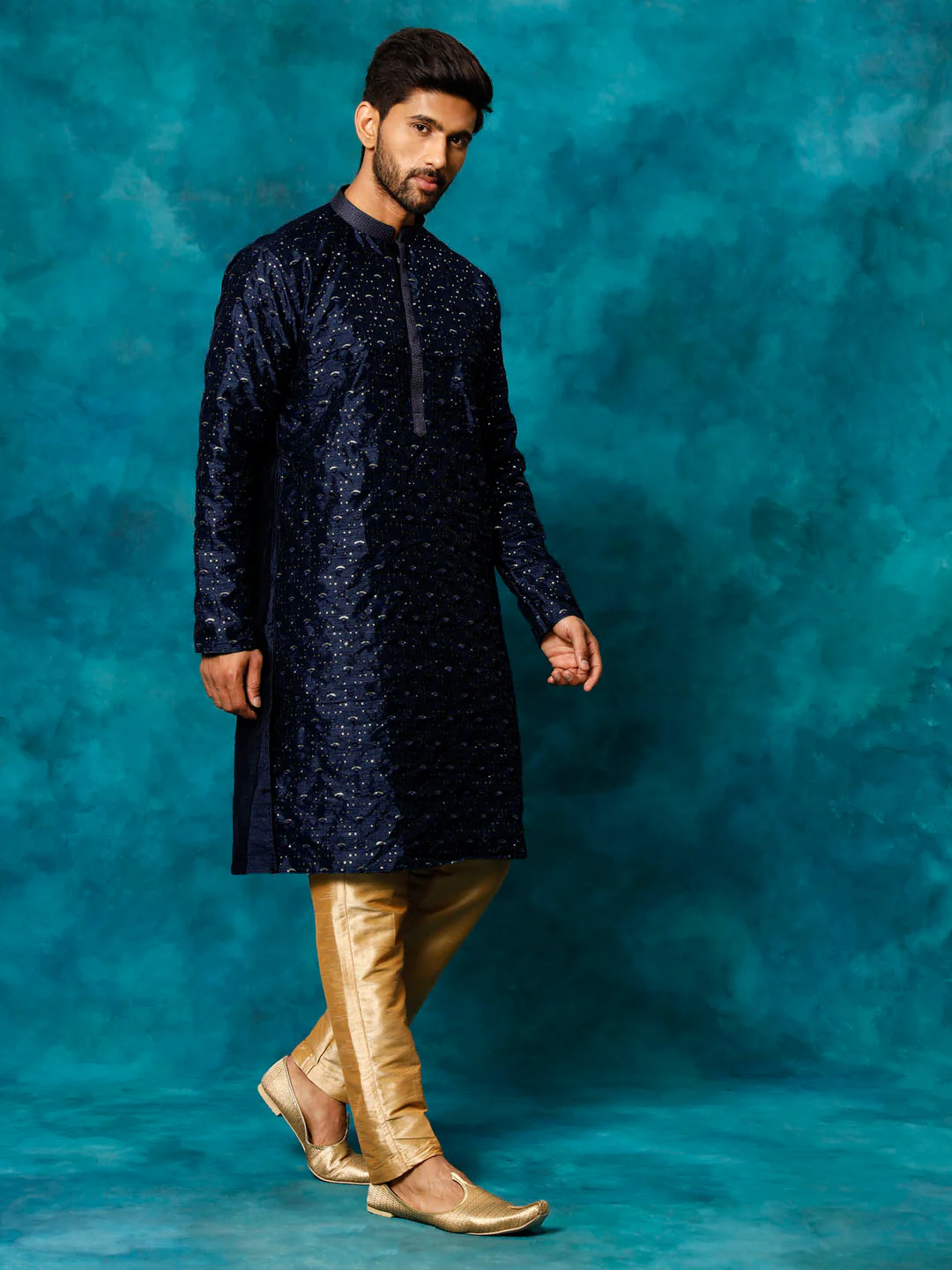 Men's Blue Silk Blend Kurta Pyjama Set - Image 2